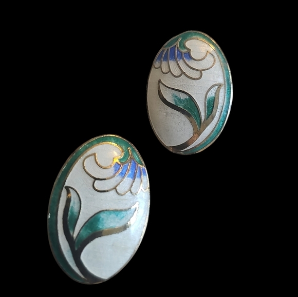 🦋 Vintage Floral White, Green and Blue Enamel Earrings - Picture 4 of 4